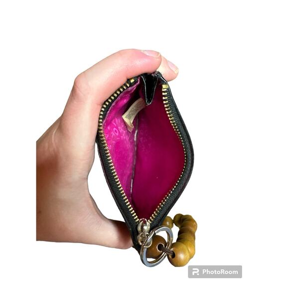 Kate Spade Black Hot Pink Handheld Brown Wooden Beaded Wristlet Wallet Small - Picture 4 of 5